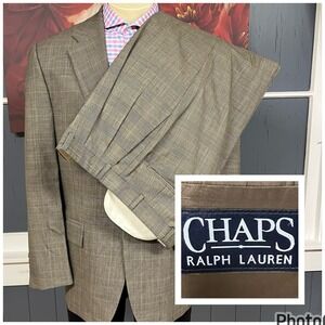 Vintage‎ Chaps Ralph Lauren Suit Mens 42R Classic Pleated Cuffed Pants 34x28 Tan
